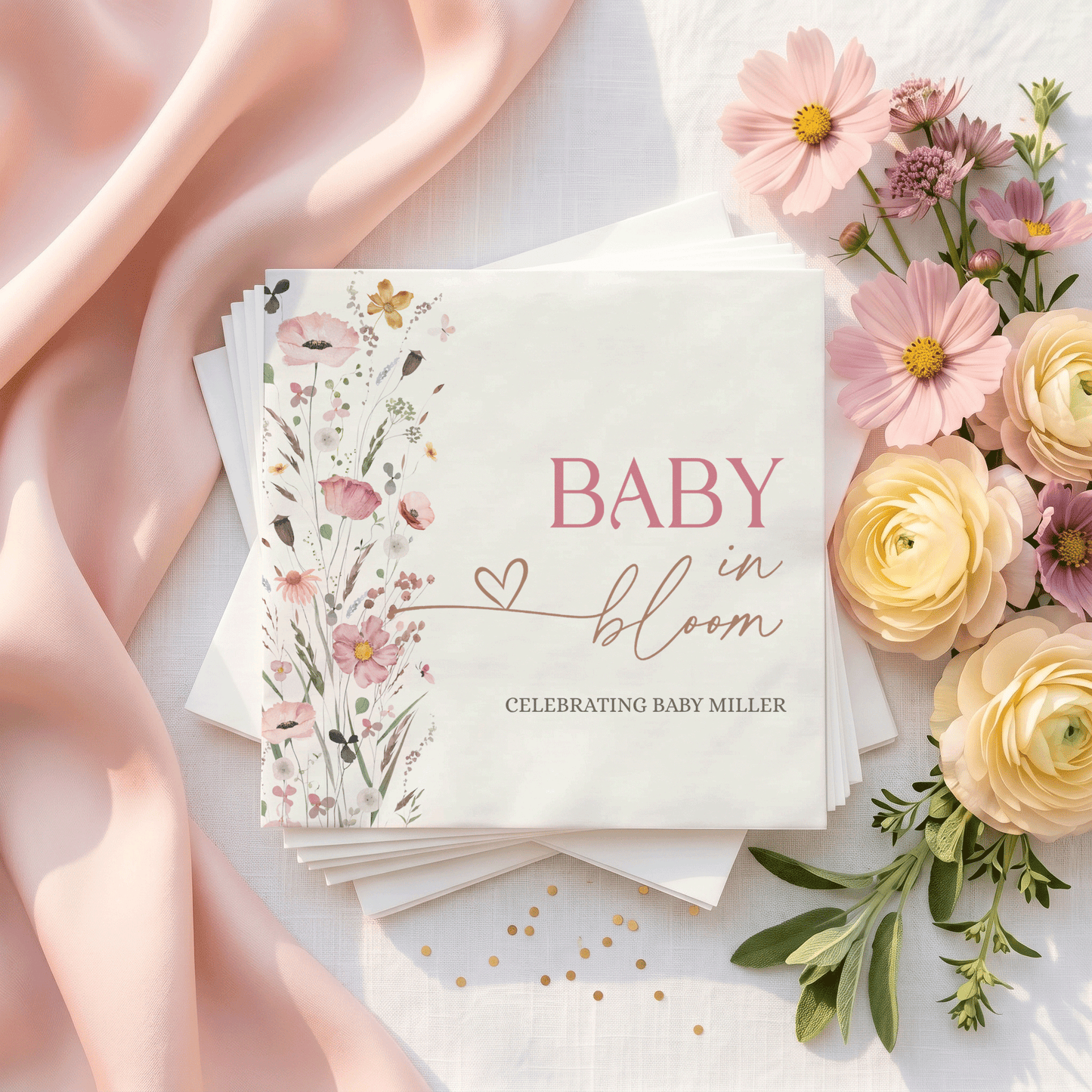 Baby in Bloom Napkins, Pink Wildflower Girl Baby Shower - Pretty Gifted