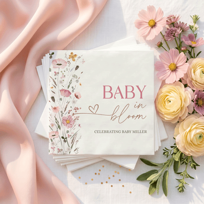 Baby in Bloom Napkins, Pink Wildflower Girl Baby Shower - Pretty Gifted