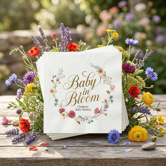 Baby in Bloom Napkins, Wildflower Wreath Garden Baby Shower - Pretty Gifted
