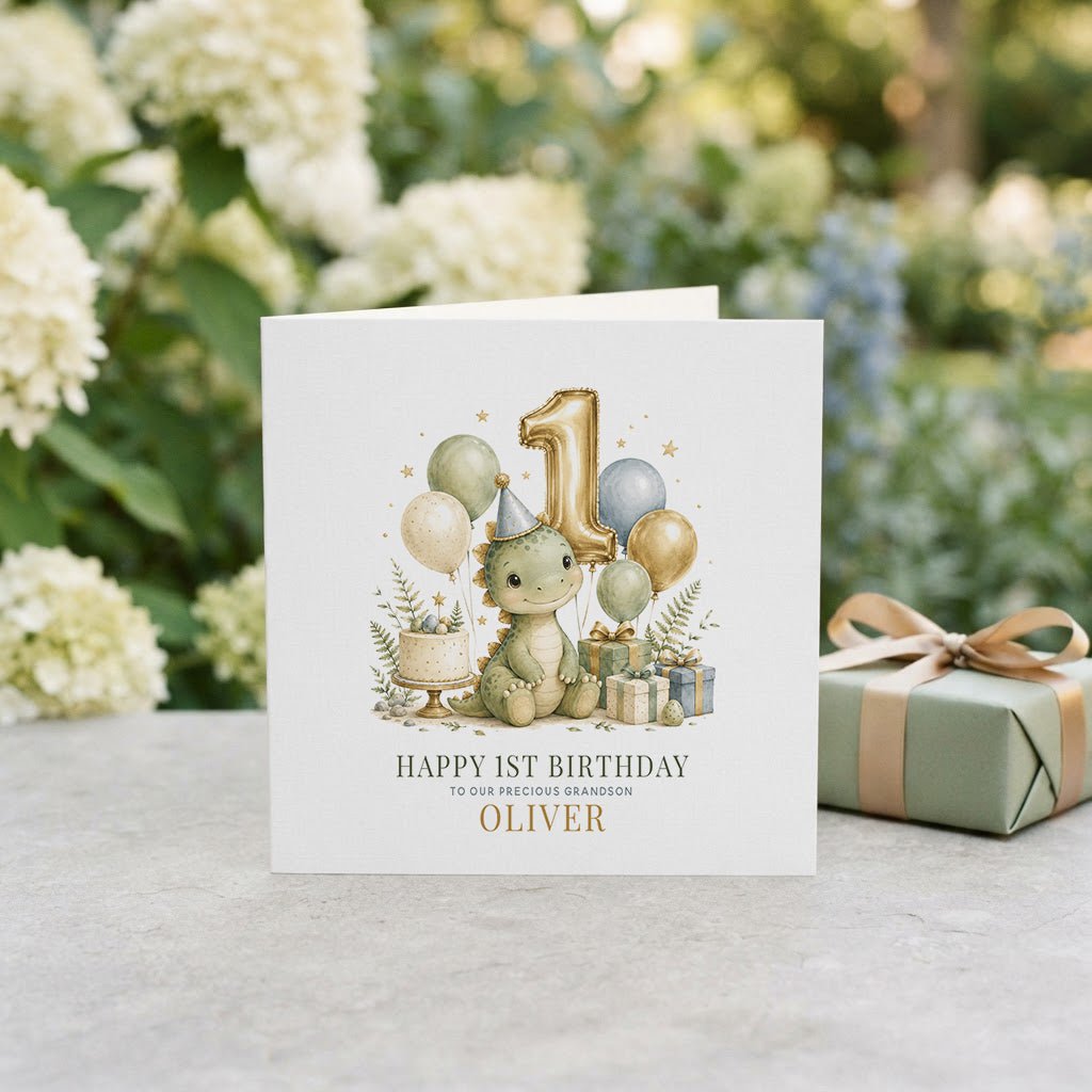 Baby's 1st Birthday Grandson Card | Dino Keepsake - Pretty Gifted