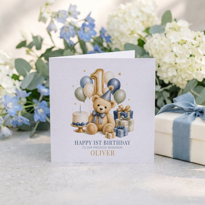 Baby's 1st Birthday Grandson Card | Teddy Bear Keepsake - Pretty Gifted