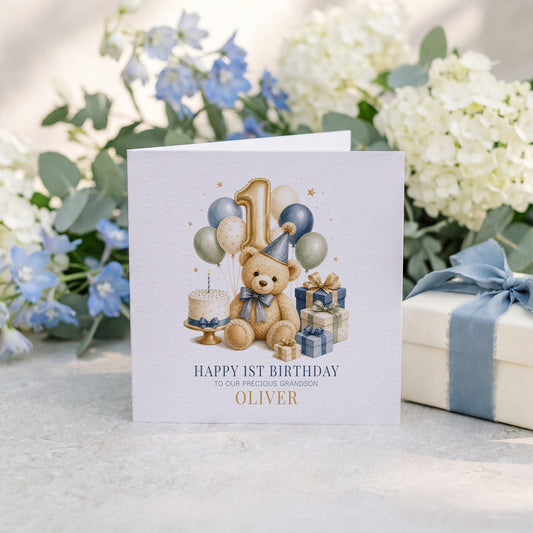 Baby's 1st Birthday Grandson Card | Teddy Bear Keepsake - Pretty Gifted