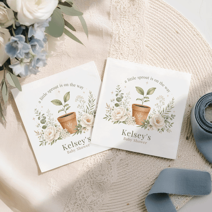 Two baby shower invitations with floral designs and text "Kelsey's Baby Shower".