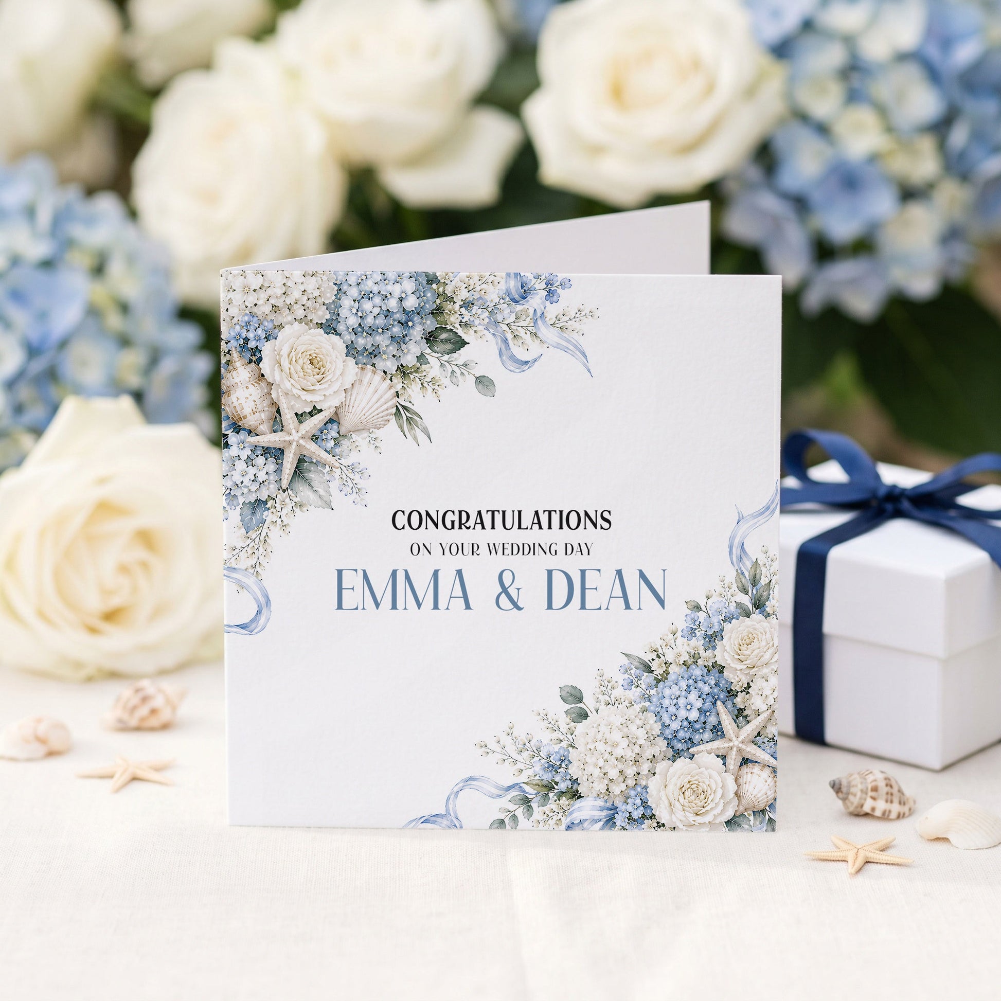 Beach Wedding Card, Personalized Coastal Hydrangea Floral - Pretty Gifted