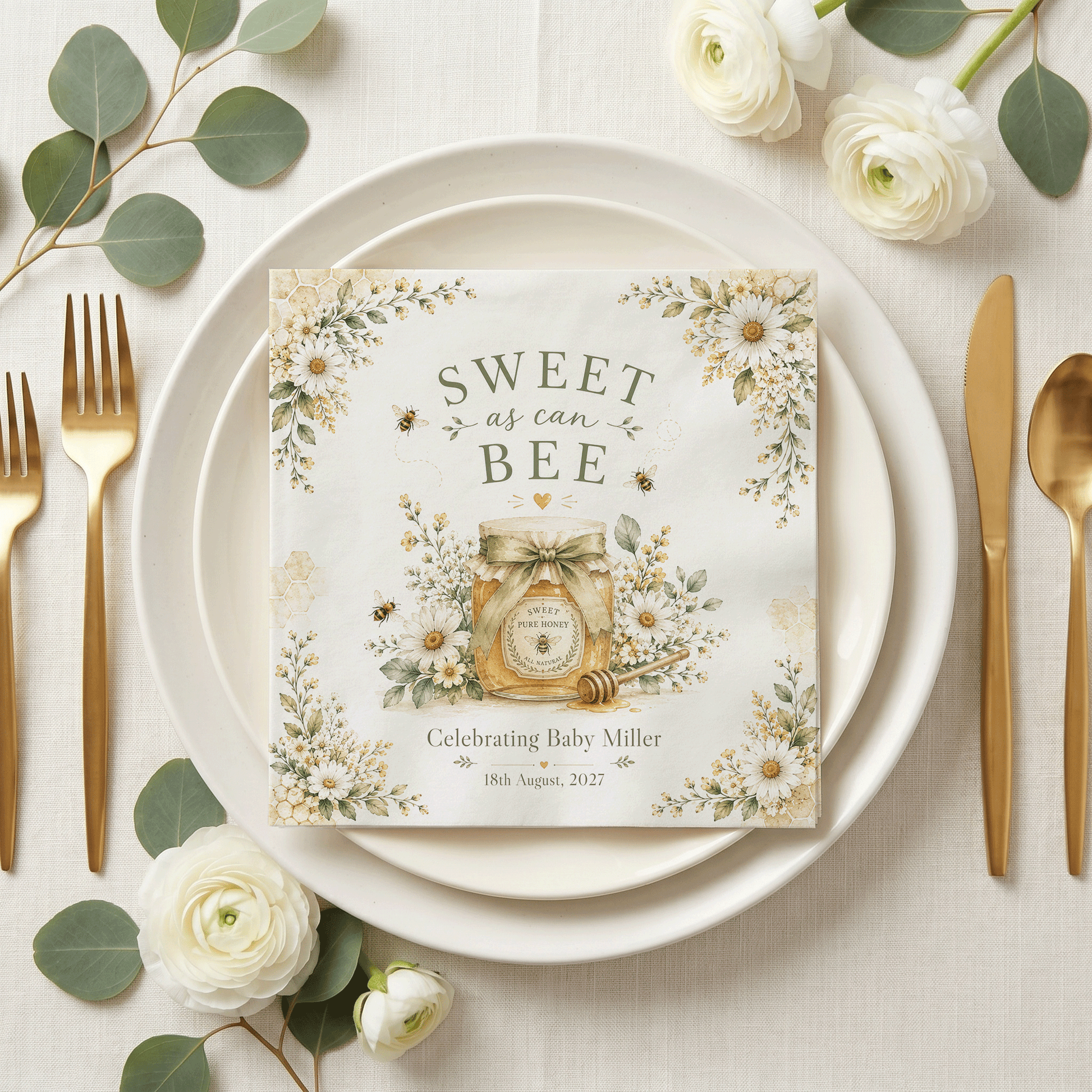 Bee Baby Shower Napkins, Sweet as Can Bee Honey Jar Personalized - Pretty Gifted