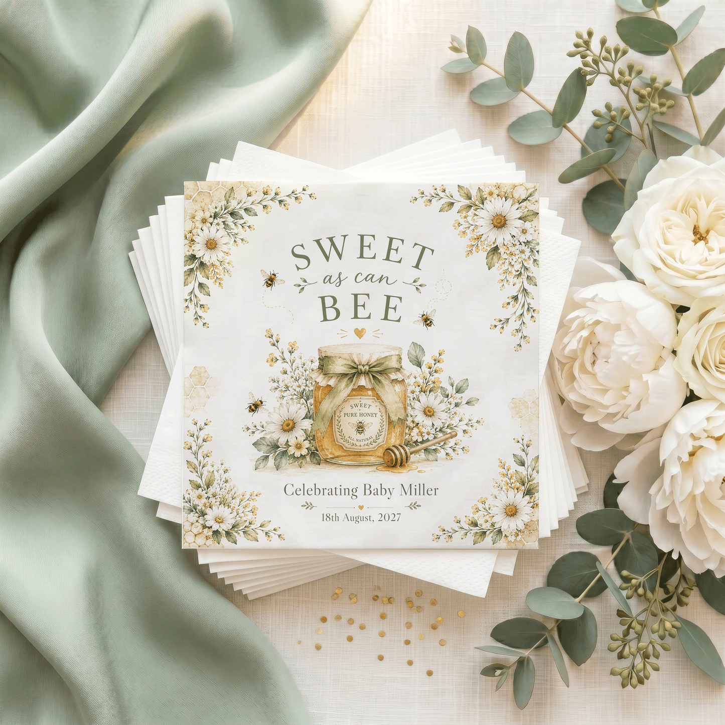 Bee Baby Shower Napkins, Sweet as Can Bee Honey Jar Personalized - Pretty Gifted