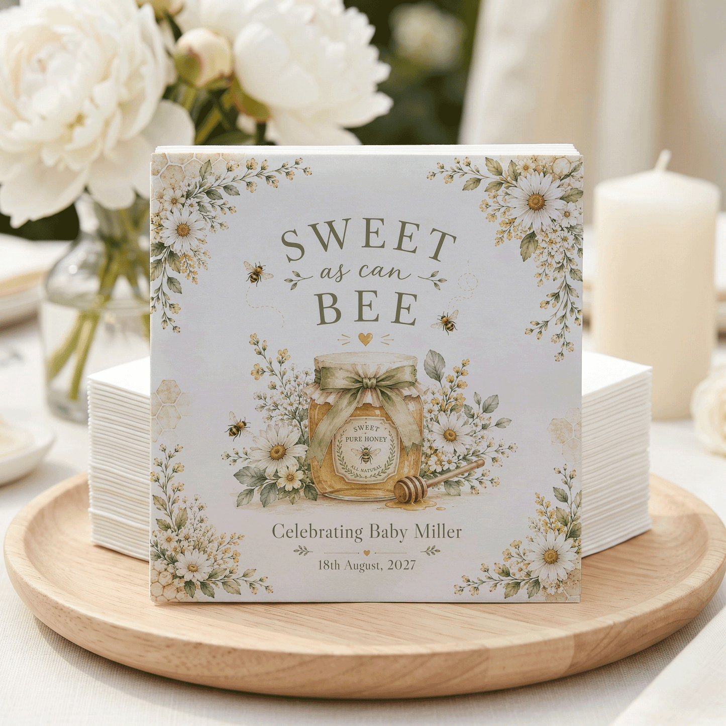 Bee Baby Shower Napkins, Sweet as Can Bee Honey Jar Personalized - Pretty Gifted