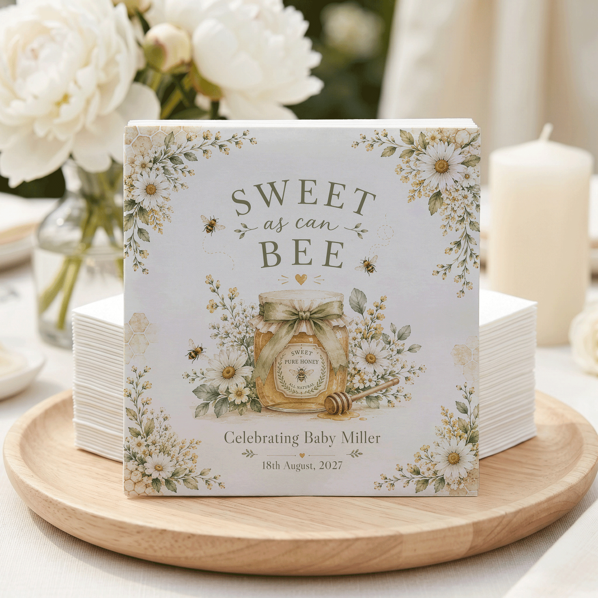 Bee Baby Shower Napkins, Sweet as Can Bee Honey Jar Personalized - Pretty Gifted