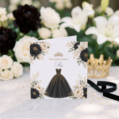 Black and Gold Floral Ball Gown Quinceañera Card - Pretty Gifted