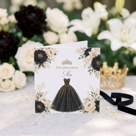 Black and Gold Floral Ball Gown Quinceañera Card - Pretty Gifted