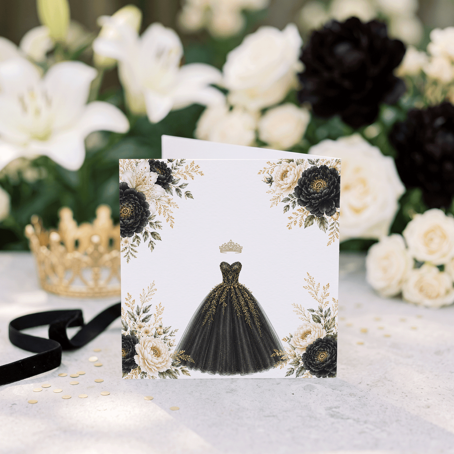 Black and Gold Floral Ball Gown Quinceañera Card - Pretty Gifted