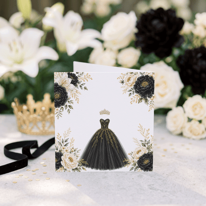 Black and Gold Floral Ball Gown Quinceañera Card - Pretty Gifted