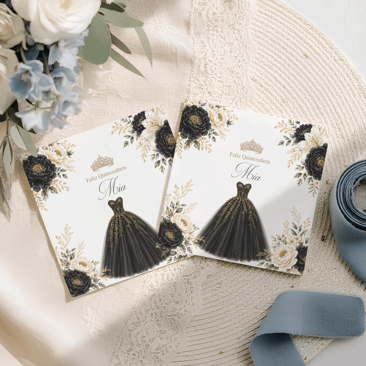 Black and Gold Quinceañera Napkins with Floral Ball Gown - Pretty Gifted