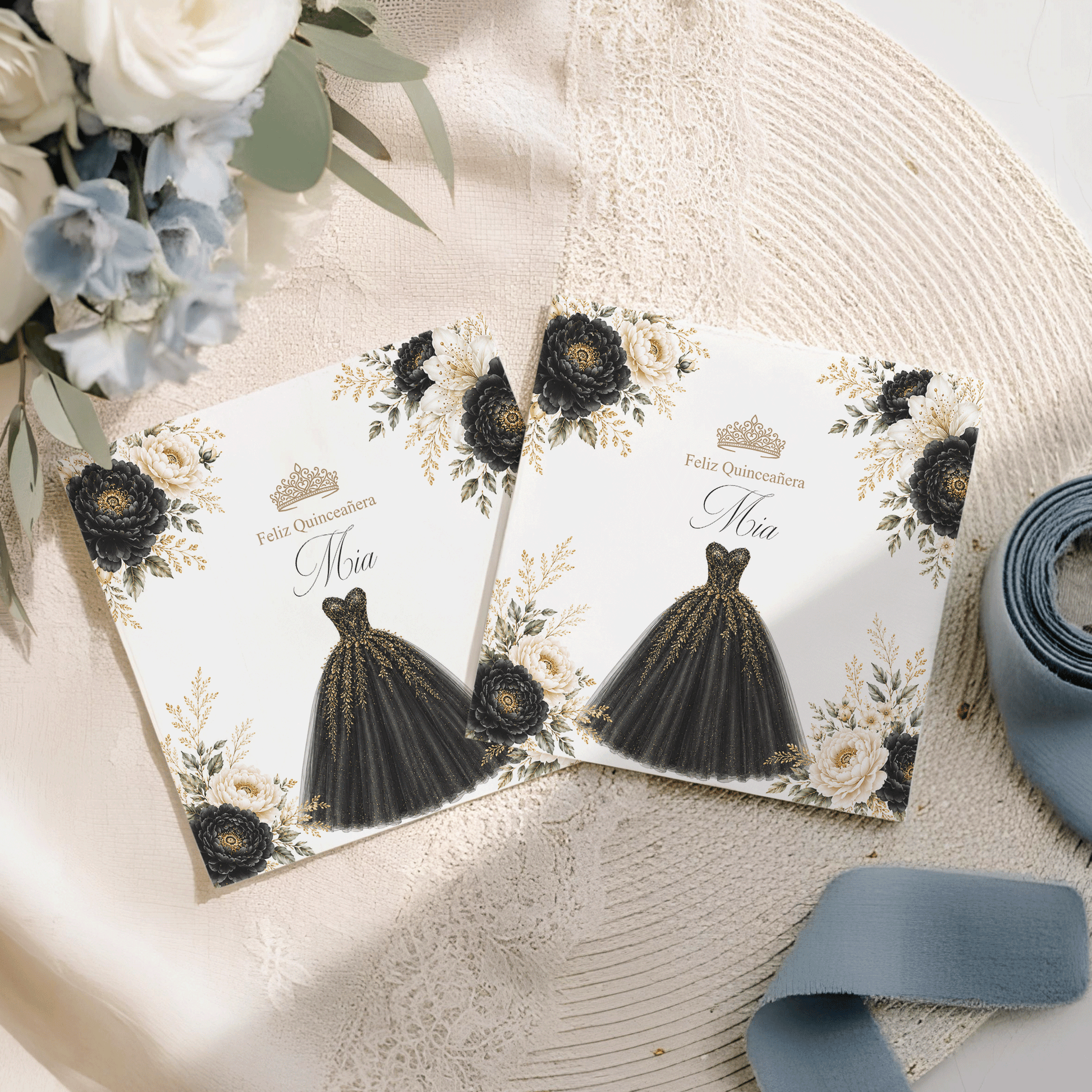 Black and Gold Quinceañera Napkins with Floral Ball Gown - Pretty Gifted