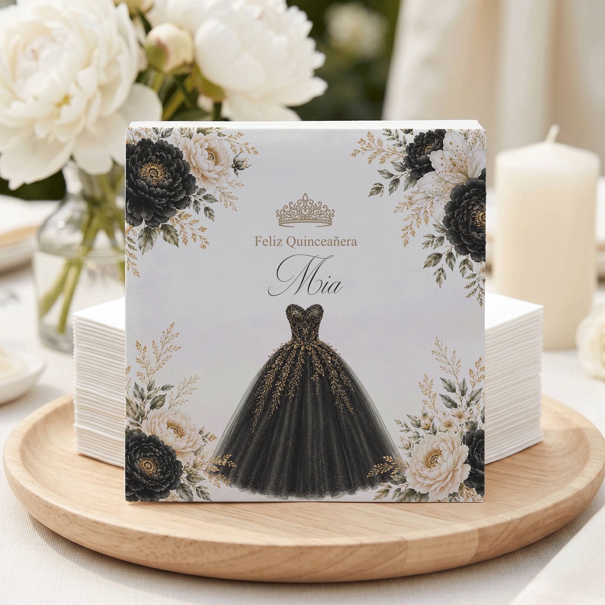 Black and Gold Quinceañera Napkins with Floral Ball Gown - Pretty Gifted