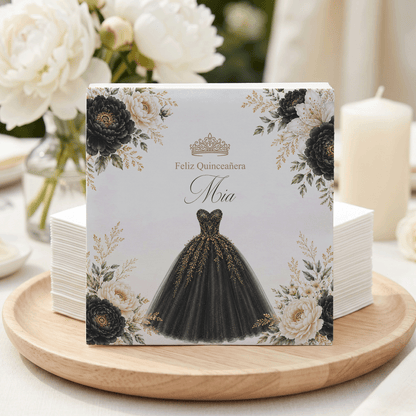 Black and Gold Quinceañera Napkins with Floral Ball Gown - Pretty Gifted