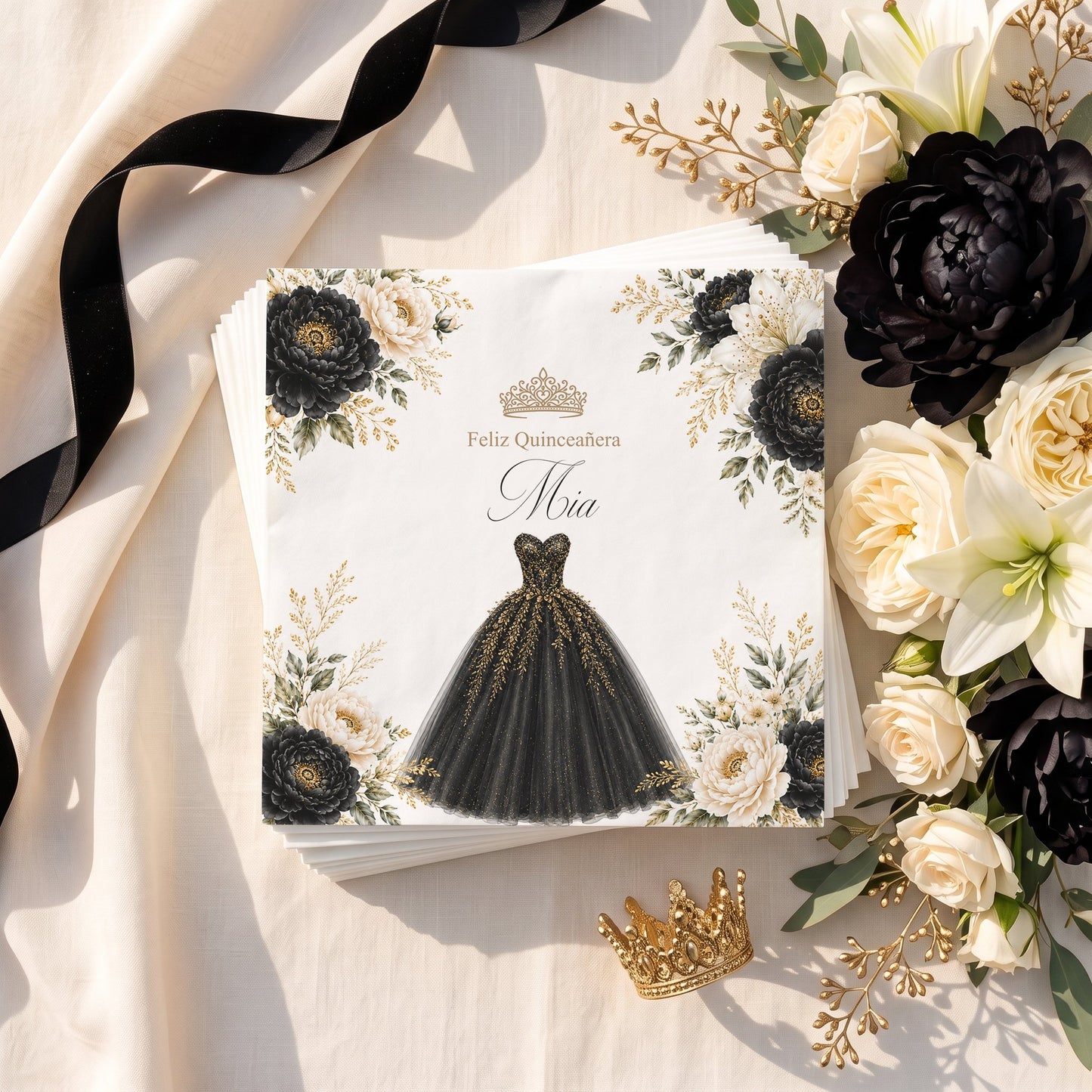 Black and Gold Quinceañera Napkins with Floral Ball Gown - Pretty Gifted