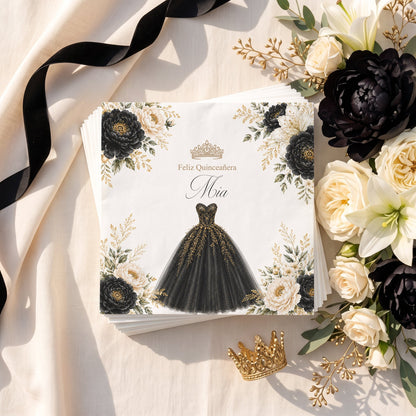 Black and Gold Quinceañera Napkins with Floral Ball Gown - Pretty Gifted