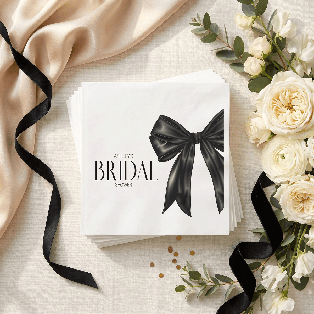 Black Bow Bridal Shower Napkins, Modern Oversized Ribbon - Pretty Gifted