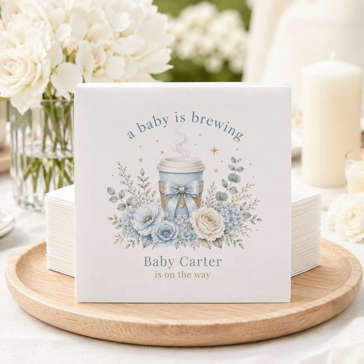 Blue Floral A Baby Is Brewing Baby Shower Napkins - Pretty Gifted