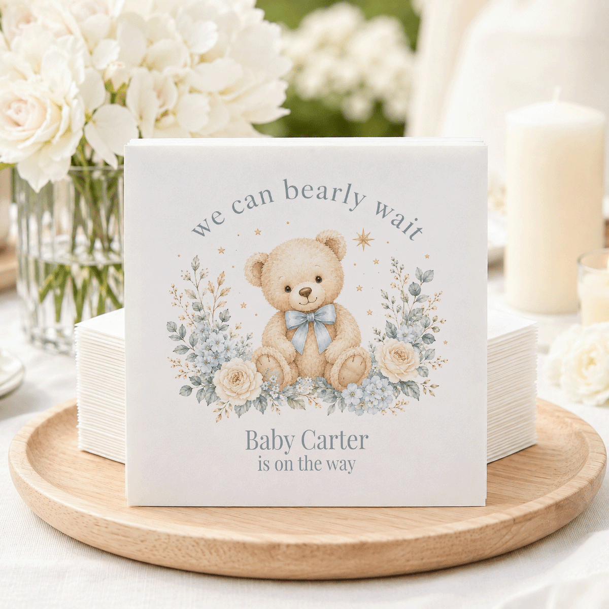 Blue Floral Teddy Bear We Can Bearly Wait Baby Shower Napkins - Pretty Gifted