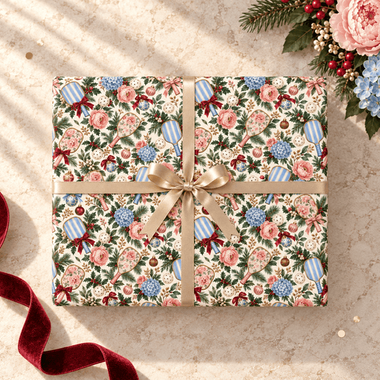 Blue Stripe & Blush Floral Pickleball Christmas Wrapping Paper - Pretty Gifted