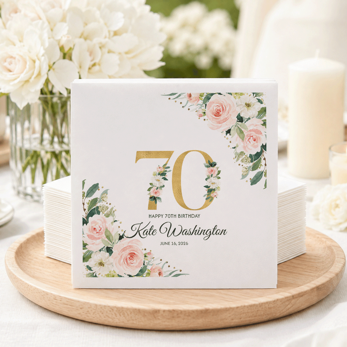 Blush and Gold 70th Birthday Napkins with Custom Name - Pretty Gifted