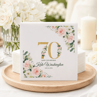 Blush and Gold 70th Birthday Napkins with Custom Name - Pretty Gifted