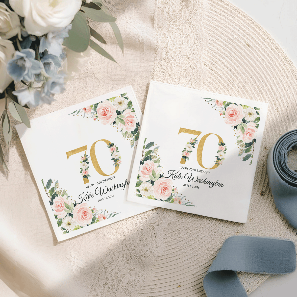 Blush and Gold 70th Birthday Napkins with Custom Name - Pretty Gifted
