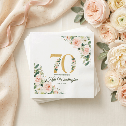 Blush and Gold 70th Birthday Napkins with Custom Name - Pretty Gifted