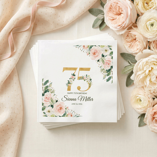 Blush and Gold 75th Birthday Napkins with Custom Name - Pretty Gifted