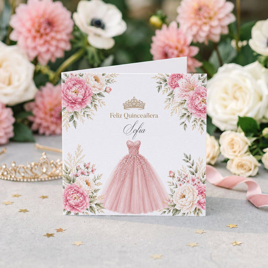 Blush Pink Floral Ball Gown Quinceañera Card - Pretty Gifted