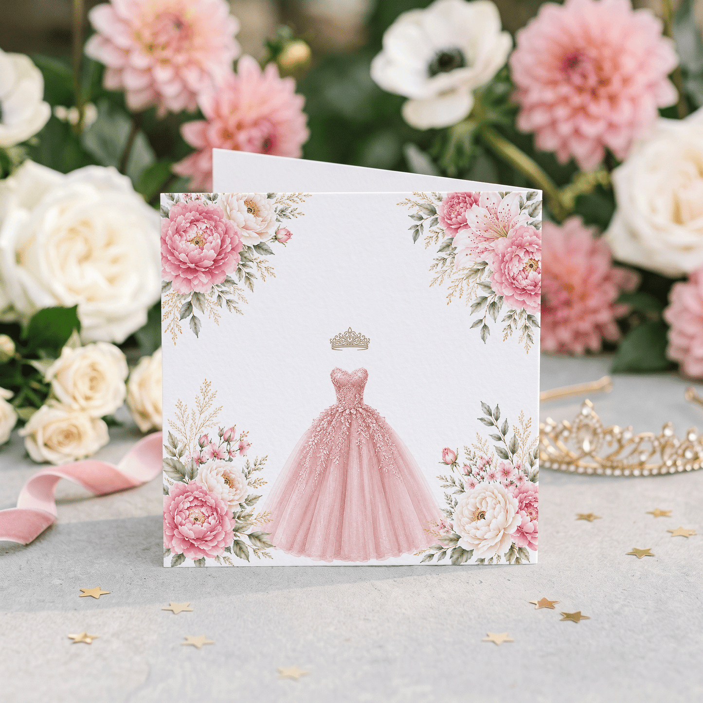 Blush Pink Floral Ball Gown Quinceañera Card - Pretty Gifted