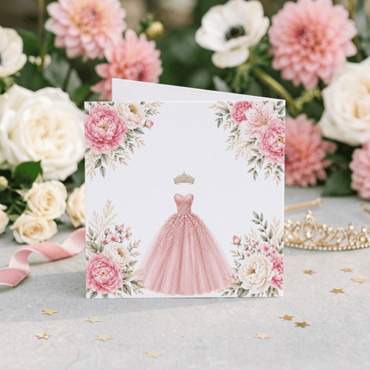 Blush Pink Floral Ball Gown Quinceañera Card - Pretty Gifted