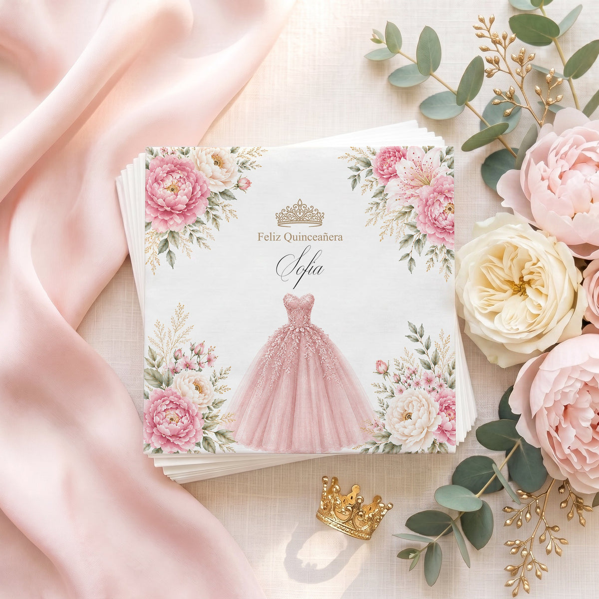 Blush Pink Quinceañera Napkins with Floral Ball Gown - Pretty Gifted