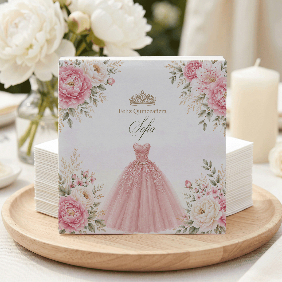 Blush Pink Quinceañera Napkins with Floral Ball Gown - Pretty Gifted