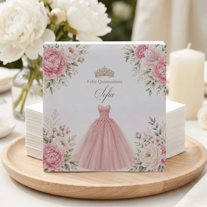 Blush Pink Quinceañera Napkins with Floral Ball Gown - Pretty Gifted