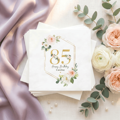 Blush Rose 85th Birthday Napkins, Gold Frame, Personalized - Pretty Gifted