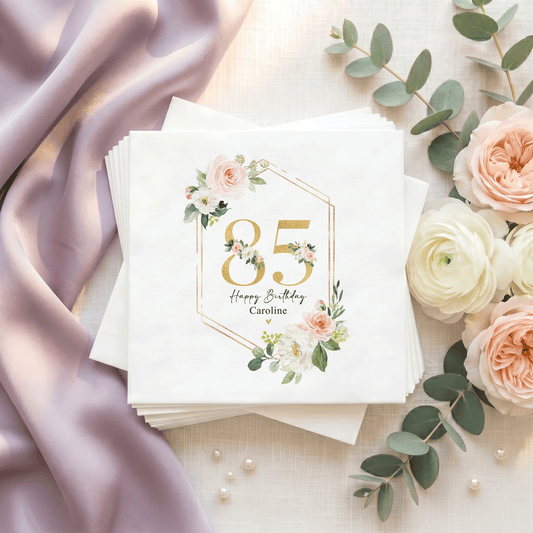 Blush Rose 85th Birthday Napkins, Gold Frame, Personalized - Pretty Gifted