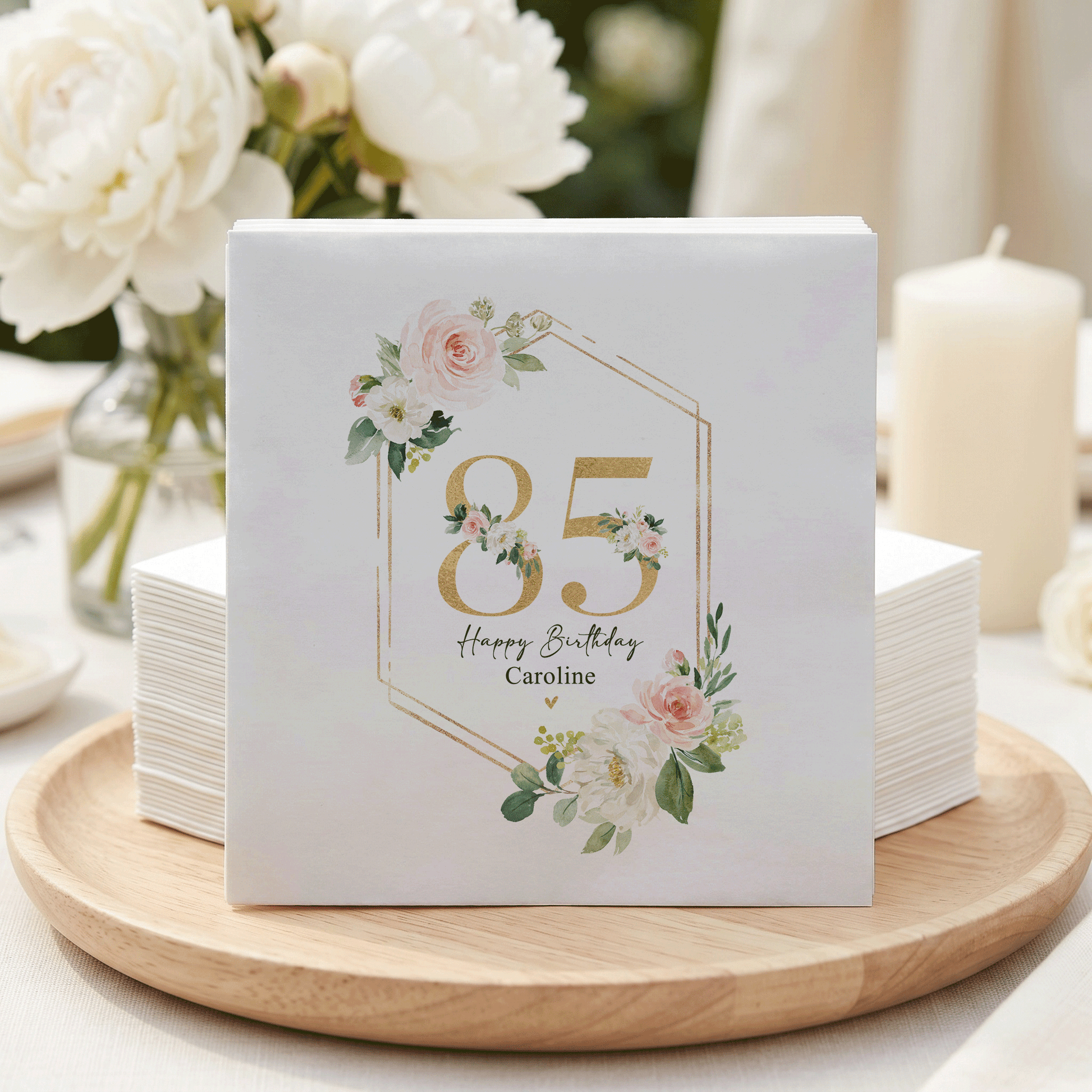 Blush Rose 85th Birthday Napkins, Gold Frame, Personalized - Pretty Gifted