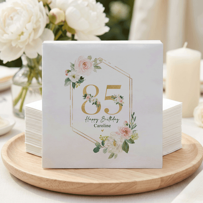 Blush Rose 85th Birthday Napkins, Gold Frame, Personalized - Pretty Gifted