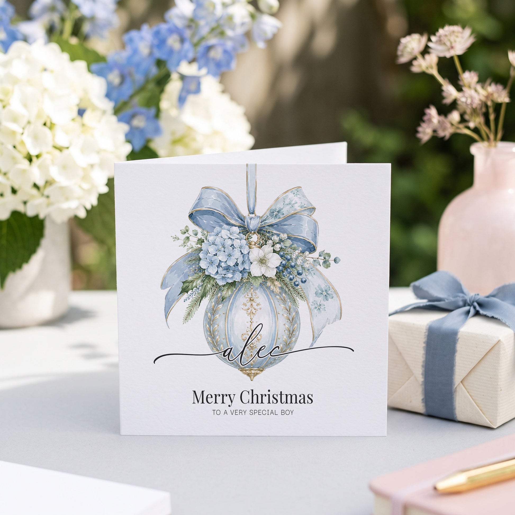 Boys Christmas Card | Personalized Blue Ornament Custom Name Gift - Pretty Gifted