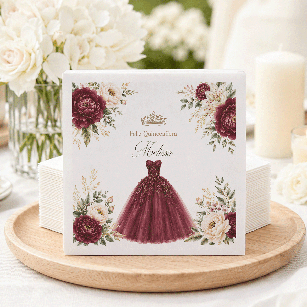 Burgundy Ball Gown & Peony Personalized Quinceañera Napkins - Pretty Gifted