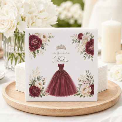 Burgundy Ball Gown & Peony Personalized Quinceañera Napkins - Pretty Gifted