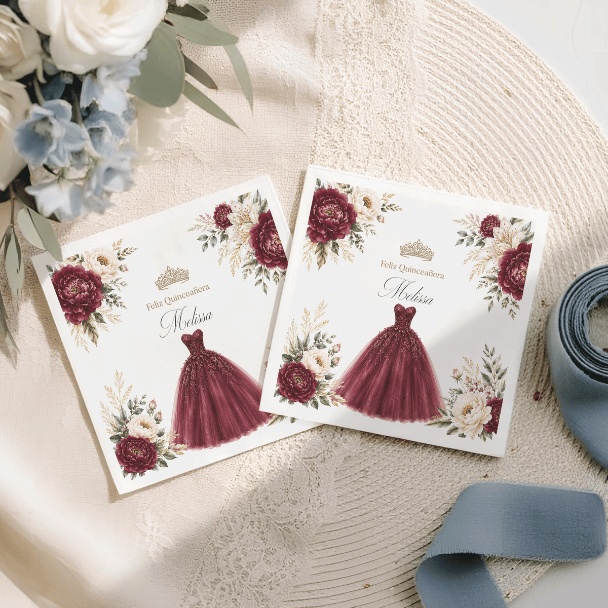 Burgundy Ball Gown & Peony Personalized Quinceañera Napkins - Pretty Gifted
