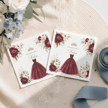 Burgundy Ball Gown & Peony Personalized Quinceañera Napkins - Pretty Gifted