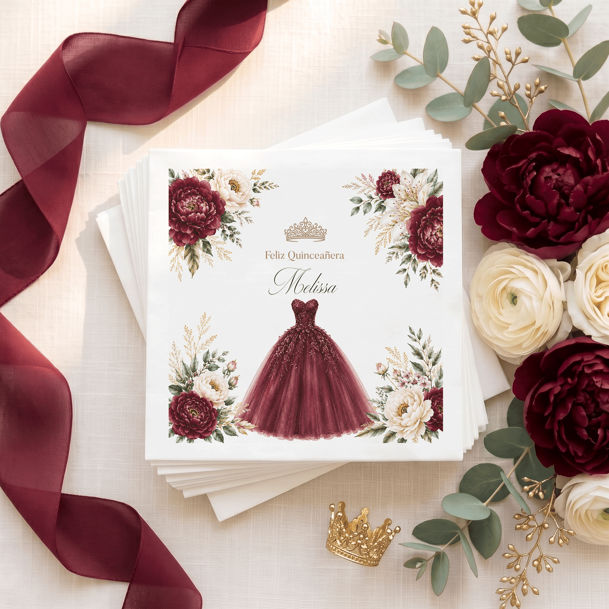 Burgundy Ball Gown & Peony Personalized Quinceañera Napkins - Pretty Gifted