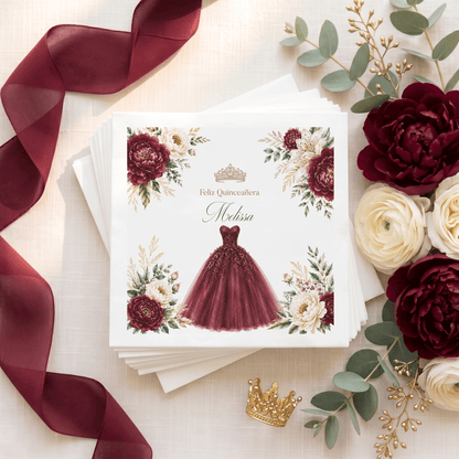 Burgundy Ball Gown & Peony Personalized Quinceañera Napkins - Pretty Gifted