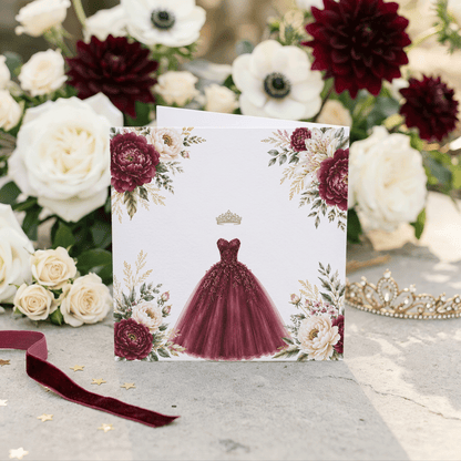 Burgundy Ball Gown Quinceañera Card with Name - Pretty Gifted