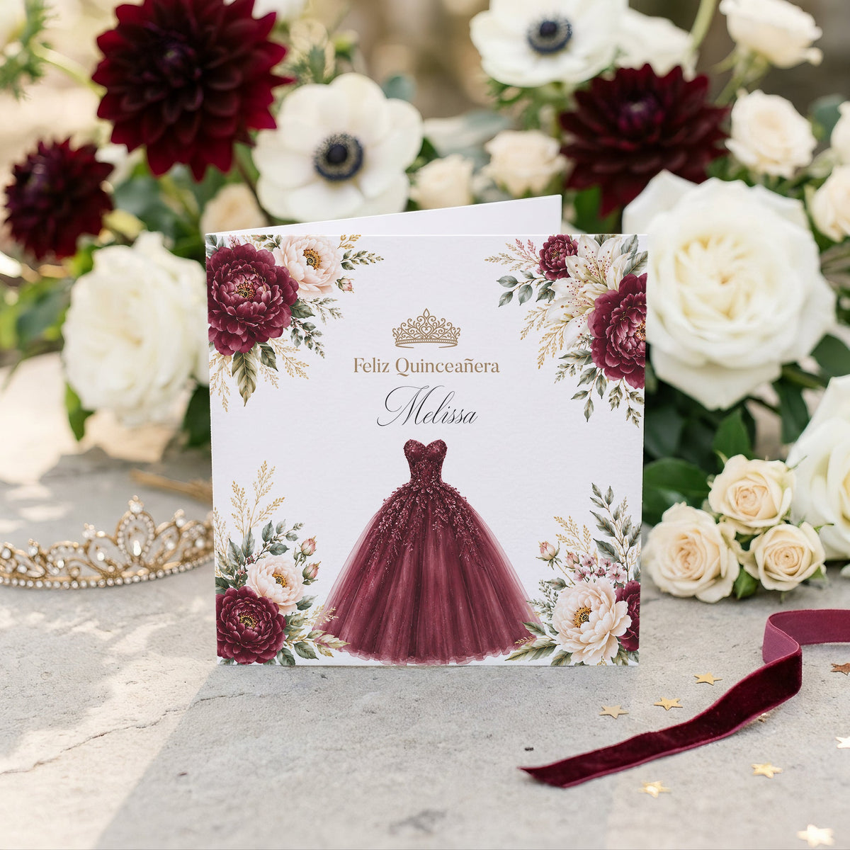 Burgundy Ball Gown Quinceañera Card with Name - Pretty Gifted